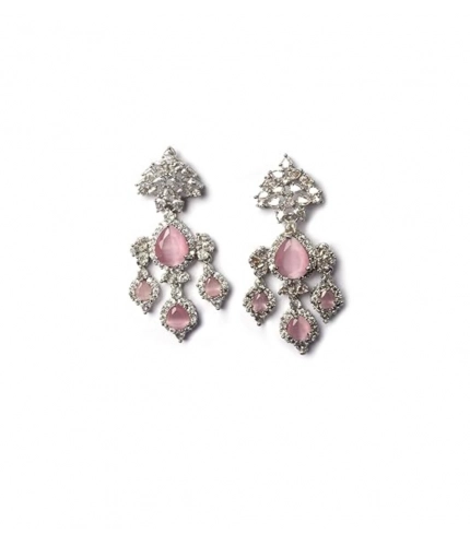Women's Brass Silver Plated Drop Earrings (Pink)