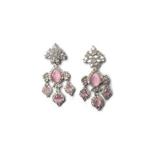 Women's Brass Silver Plated Drop Earrings (Pink)
