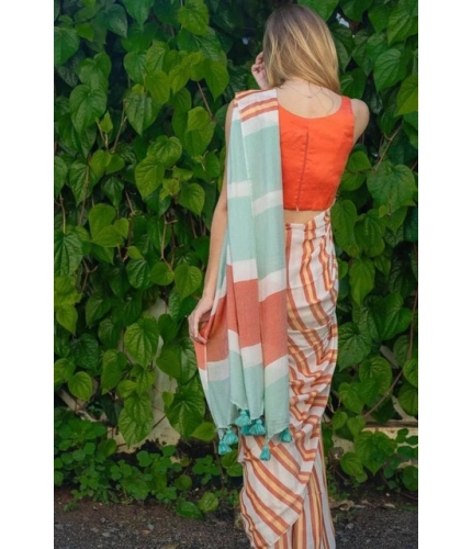 Women's Linen Printed Saree With Unstitched Blouse 5.5Mtr (Orange) Women's Linen Printed Saree With Unstitched Blouse 5.5Mtr (Orange)