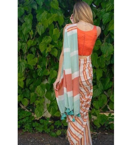 Women's Linen Printed Saree With Unstitched Blouse 5.5Mtr (Orange)