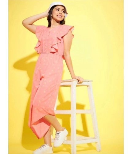 Girl's Polyester Floral Sleeveless Jumpsuit (Pink)