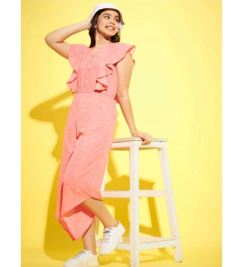 Girl's Polyester Floral Sleeveless Jumpsuit (Pink)