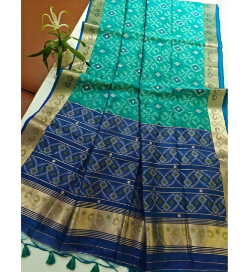 Women's Raw Silk Ikkat Saree With Unstitched Blouse 5.5Mtr (Sky Blue)