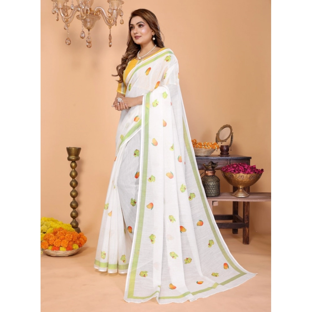 Women's Linen Cotton Printed Saree With Unstitched Blouse 5.5Mtr (White)