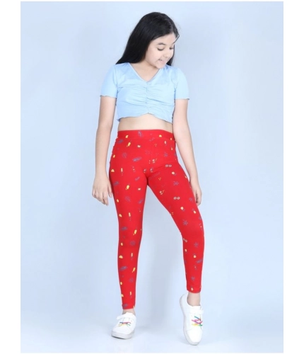 Girl's Cotton Lycra Printed Elasticated Leggings (Red)