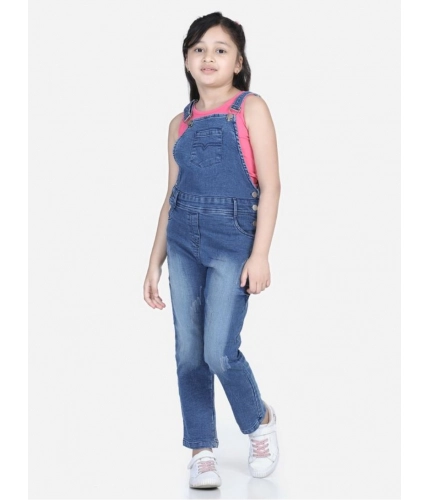 Girl's Denim Washed Buttoned Dungaree (Blue)