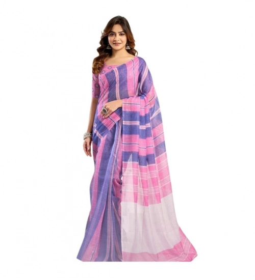 Women's Linen Cotton Printed Ready To Wear Saree With Unstitched Blouse 5.5 Mtr (Pink)