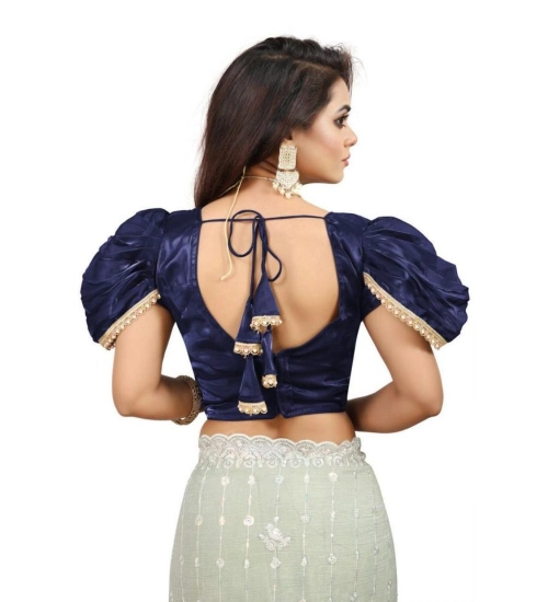 Women's Jimmy Solid V Neck Puff Sleeve Readymade Blouse (Navy 38 , Alterable up to 42)-PID65841