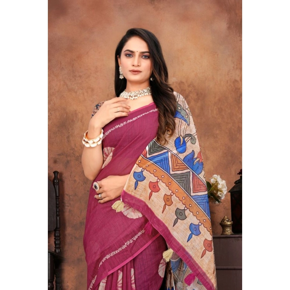 Women's Linen Printed Saree With Unstitched Blouse 5.5Mtr (Purple) Women's Linen Printed Saree With Unstitched Blouse 5.5Mtr (Purple)
