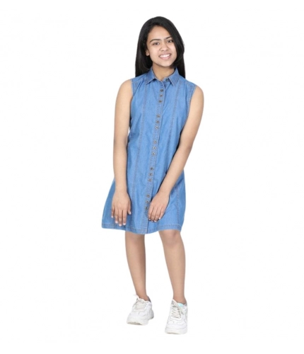 Girl's Denim Solid Cold Shoulder Dress (Blue)