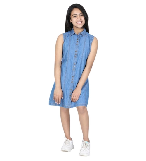 Girl's Denim Solid Cold Shoulder Dress (Blue)
