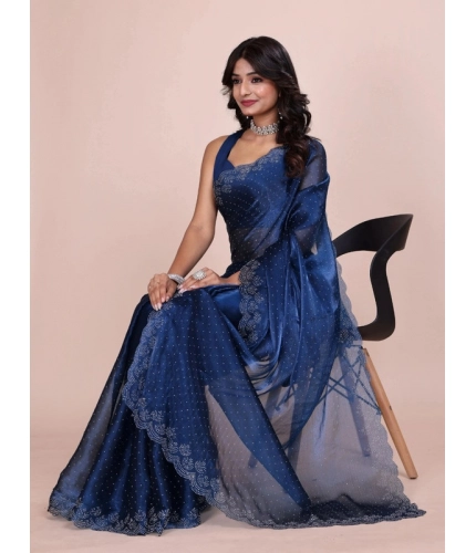Women's Jimmy choo Embellished Bollywood Saree With Unstitched Blouse 5.5Mtr (Blue)