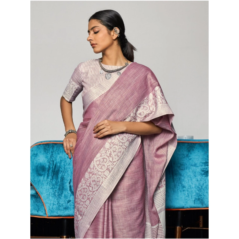 Women's Linen Printed Saree With Unstitched Blouse 5.5Mtr (Purple) Women's Linen Printed Saree With Unstitched Blouse 5.5Mtr (Purple)