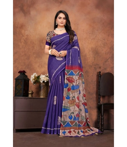 Women's Linen Printed Saree With Unstitched Blouse 5.5Mtr (Purple) Women's Linen Printed Saree With Unstitched Blouse 5.5Mtr (Purple)