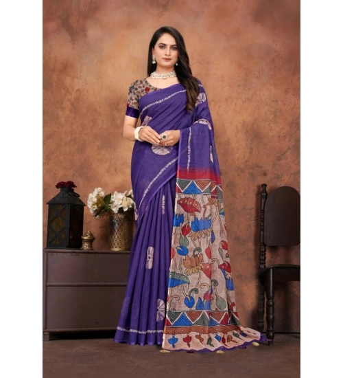 Women's Linen Printed Saree With Unstitched Blouse 5.5Mtr (Purple)