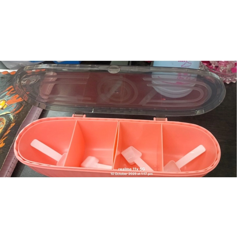 Plastic 4 Grid Design Made In India Container with Spoon (Multicolor)