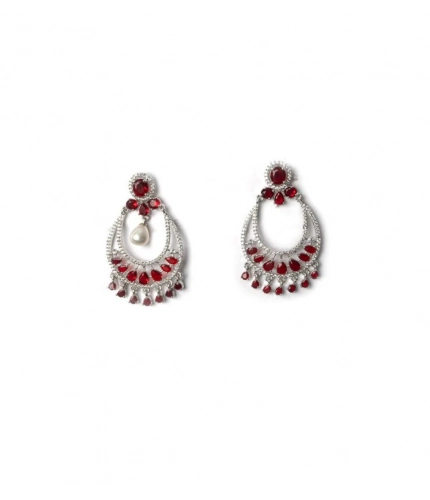 Women's Brass Silver Plated Chandbali Earrings (Red)