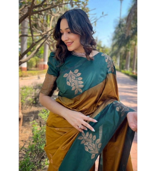 Women's Soft Lichi Silk Printed Saree With Unstitched Blouse 5.5Mtr (Mustard )