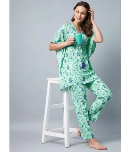 Women's Rayon Floral Kaftan Sleeve Night Suit (Green - Blue)