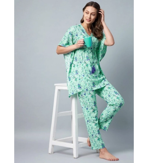 Women's Rayon Floral Kaftan Sleeve Night Suit (Green - Blue) Women's Rayon Floral Kaftan Sleeve Night Suit (Green - Blue)