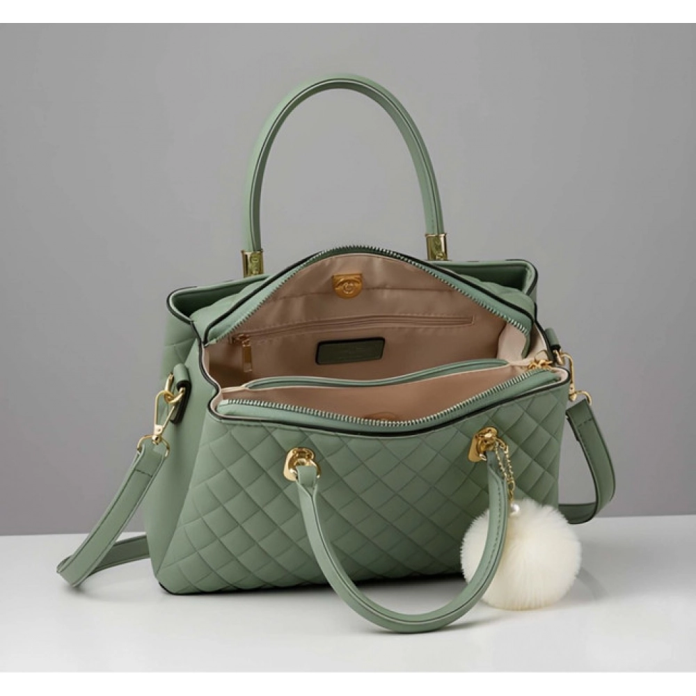 Women's PU Leather Solid Shoulder Zipper Handbag (Green)