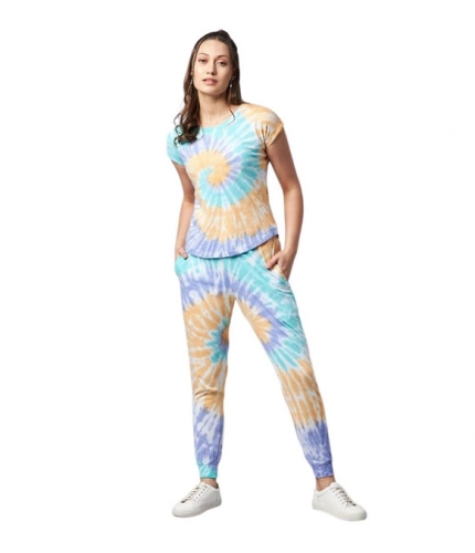 Women's Cotton Tie And Dye Short Sleeve Tracksuit (Multicolor)