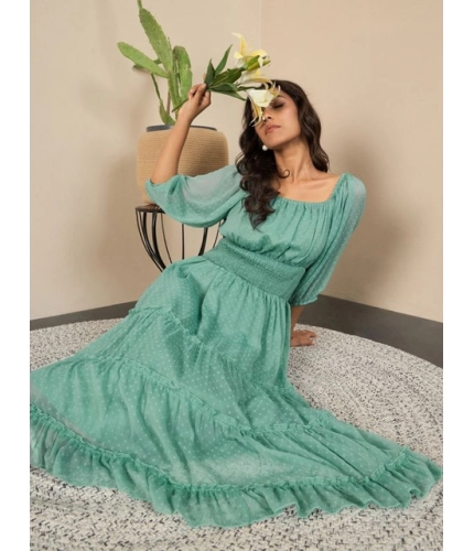 Women's Chiffon Solid Puff Sleeve Dress (Green)