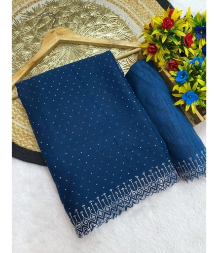 Women's Georgette Stone Work Saree With Unstitched Blouse 5.5Mtr (Light Green)