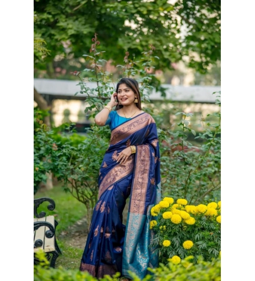 Women's Katan_Silk Zari_Weaving Saree With Unstitched Blouse 5.5Mtr (Navy_Blue)