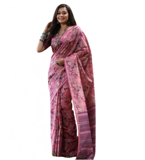 Women's Faux_Tussar_Silk Abstract_Print Saree With Unstitched Blouse 5.5Mtr (Pink) Women's Faux_Tussar_Silk Abstract_Print Saree With Unstitched Blouse 5.5Mtr (Pink)