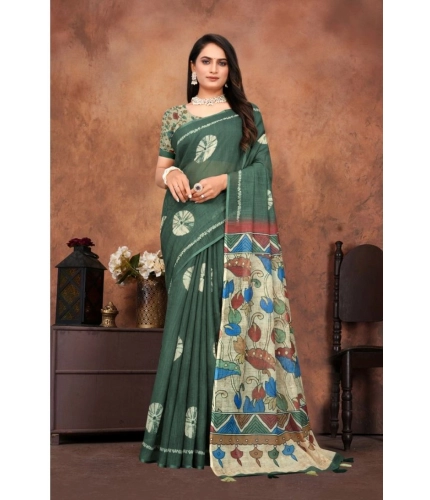 Women's Linen Printed Saree With Unstitched Blouse 5.5Mtr (Dark Green)