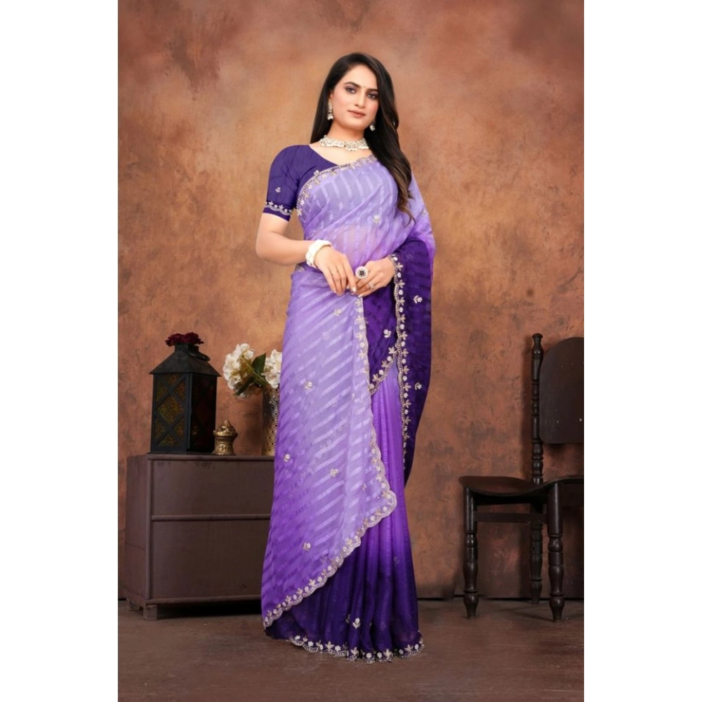 Women's Chiffon Embroidred Saree With Unstitched Blouse 5.5Mtr (Purple) Women's Chiffon Embroidred Saree With Unstitched Blouse 5.5Mtr (Purple)