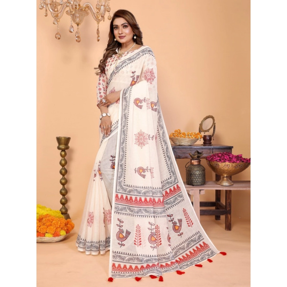 Women's Linen Cotton Printed Saree With Unstitched Blouse 5.5Mtr (Off White) Women's Linen Cotton Printed Saree With Unstitched Blouse 5.5Mtr (Off White)