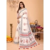 Women's Linen Cotton Printed Saree With Unstitched Blouse 5.5Mtr (Off White)