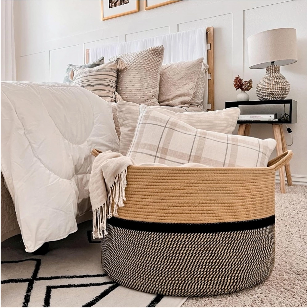 Cotton Dori 16x14 Inch Storage Basket For Clothes (Beige-Beige Black)