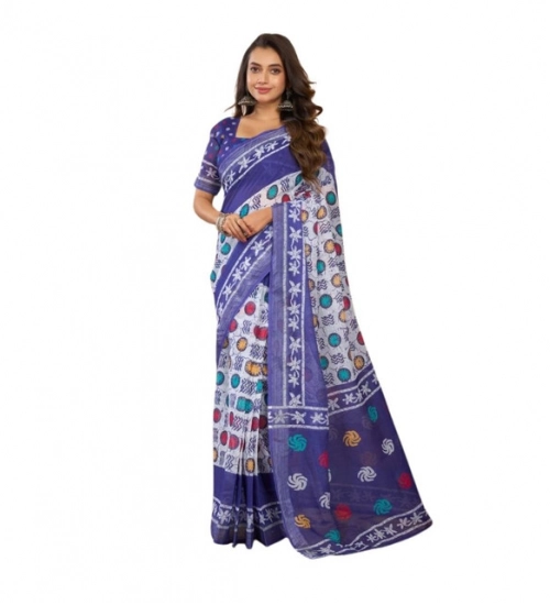 Women's Linen Cotton Printed Ready To Wear Saree With Unstitched Blouse 5.5 Mtr (Blue)