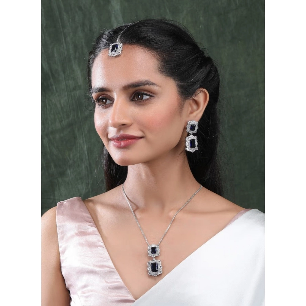 Women's Brass Silver Plated Pendant Set (Blue)