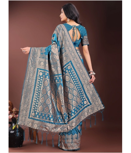 Women's Silk Printed Saree With Unstitched Blouse 5.5Mtr (Teal)
