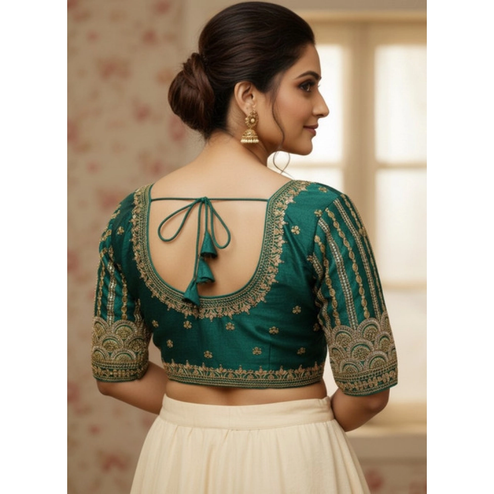 Women's Phantom Silk Embroidered Designer Neck Padded Blouse (Teal 38 Ready (Alterable up to 42)