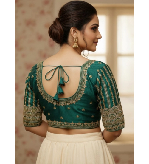 Women's Phantom Silk Embroidered Designer Neck Padded Blouse (Teal 38 Ready (Alterable up to 42)