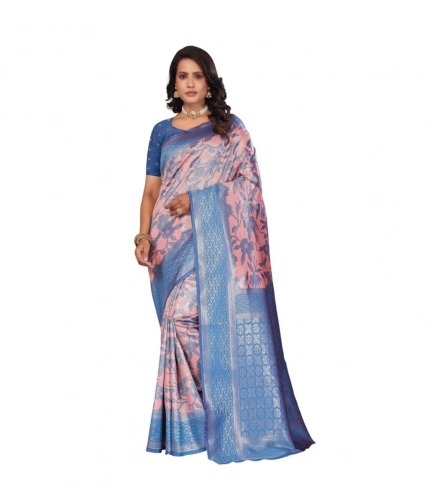 Women's Banarasi Silk Jaquard Woven Saree With Unstitched Blouse 5.5Mtr (Pink)