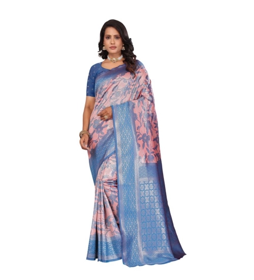 Women's Banarasi Silk Jaquard Woven Saree With Unstitched Blouse 5.5Mtr (Pink)