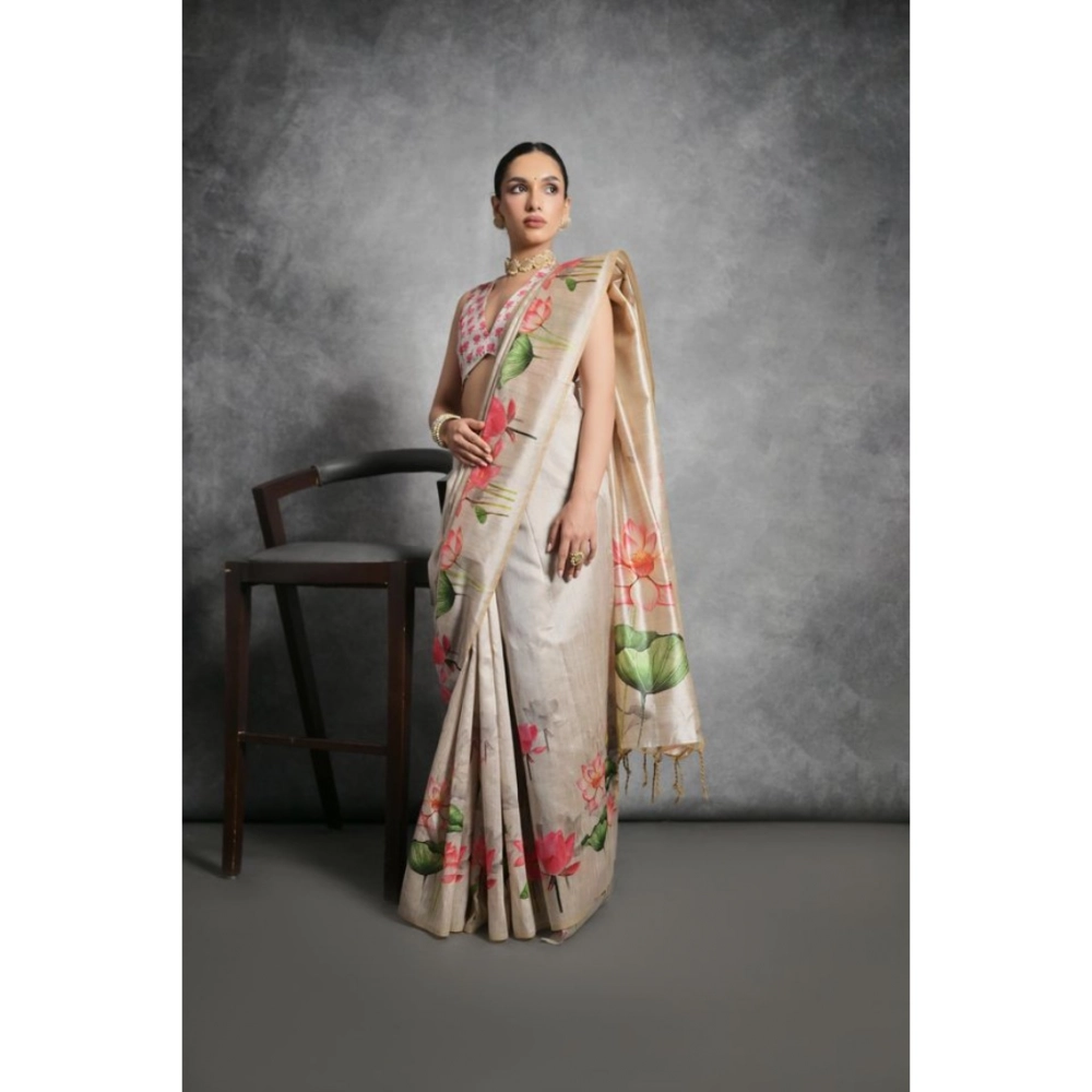 Women's Cotton Printed Saree With Unstitched Blouse 5.5 Mtr (Cream)