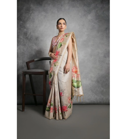 Women's Cotton Printed Saree With Unstitched Blouse 5.5 Mtr (Cream)