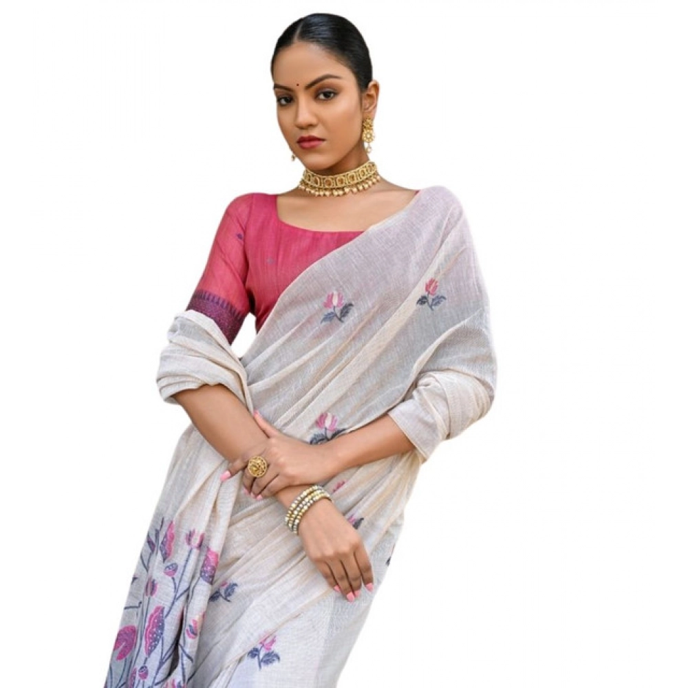 Women's Blended_Cotton Floral Weaving Pattern Saree With Unstitched Blouse 5.5Mtr (Blue) Women's Blended_Cotton Floral Weaving Pattern Saree With Unstitched Blouse 5.5Mtr (Blue)