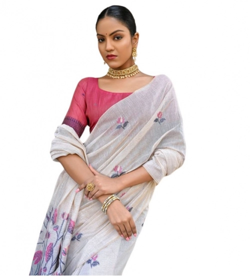 Women's Blended_Cotton Floral Weaving Pattern Saree With Unstitched Blouse 5.5Mtr (Blue)