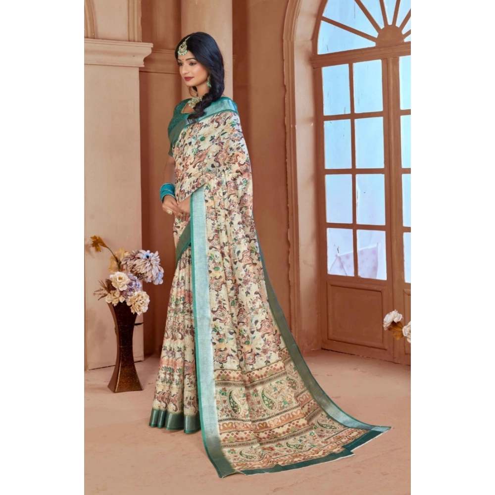 Women's Printed Cotton Linen Saree withPrinted Saree With Unstitched Blouse (Green, 5-6Mtrs) Women's Printed Cotton Linen Saree withPrinted Saree With Unstitched Blouse (Green, 5-6Mtrs)