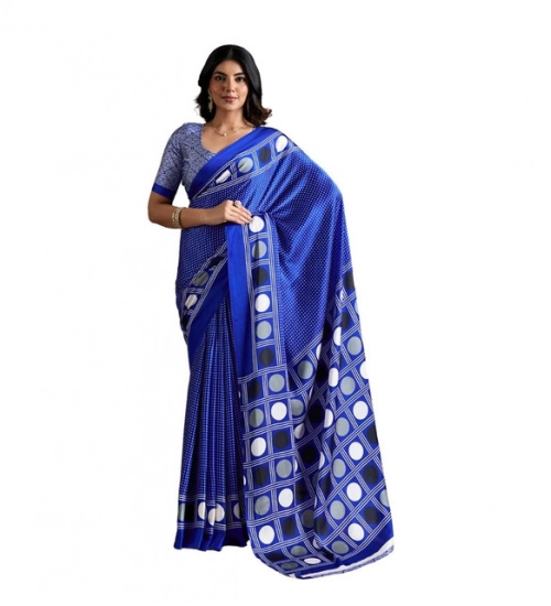 Women's Satin Crepe Printed Saree With Unstitched Blouse 5.5Mtr (Blue)