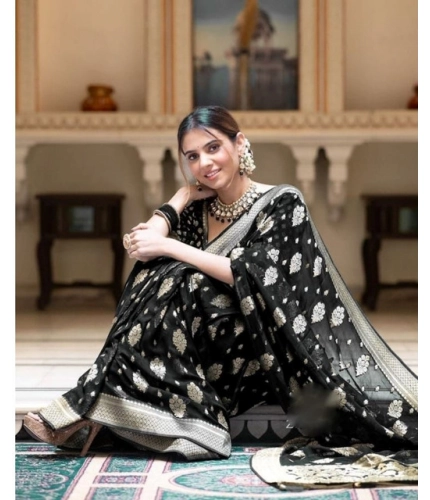 Women's Soft Lichi Silk Printed Saree With Unstitched Blouse 5.5Mtr (Black)
