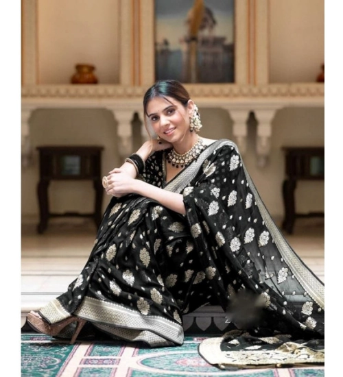Women's Soft Lichi Silk Printed Saree With Unstitched Blouse 5.5Mtr (Black)